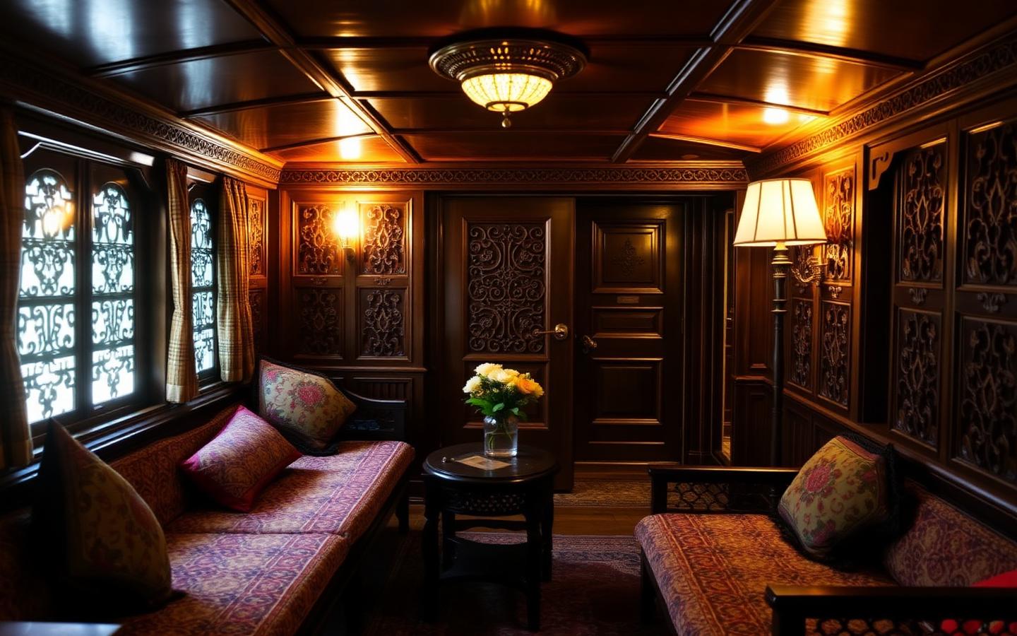 Carved walnut wood interior of a Kashmiri houseboat lit by warm lamps